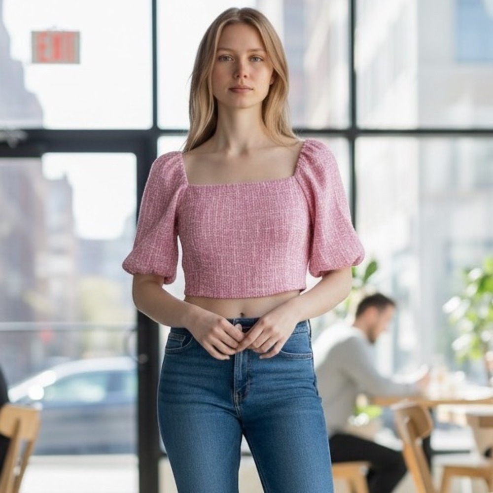 Pink Tweed Puff Sleeve Crop Top Square Neck Smocked Back Tie Detail